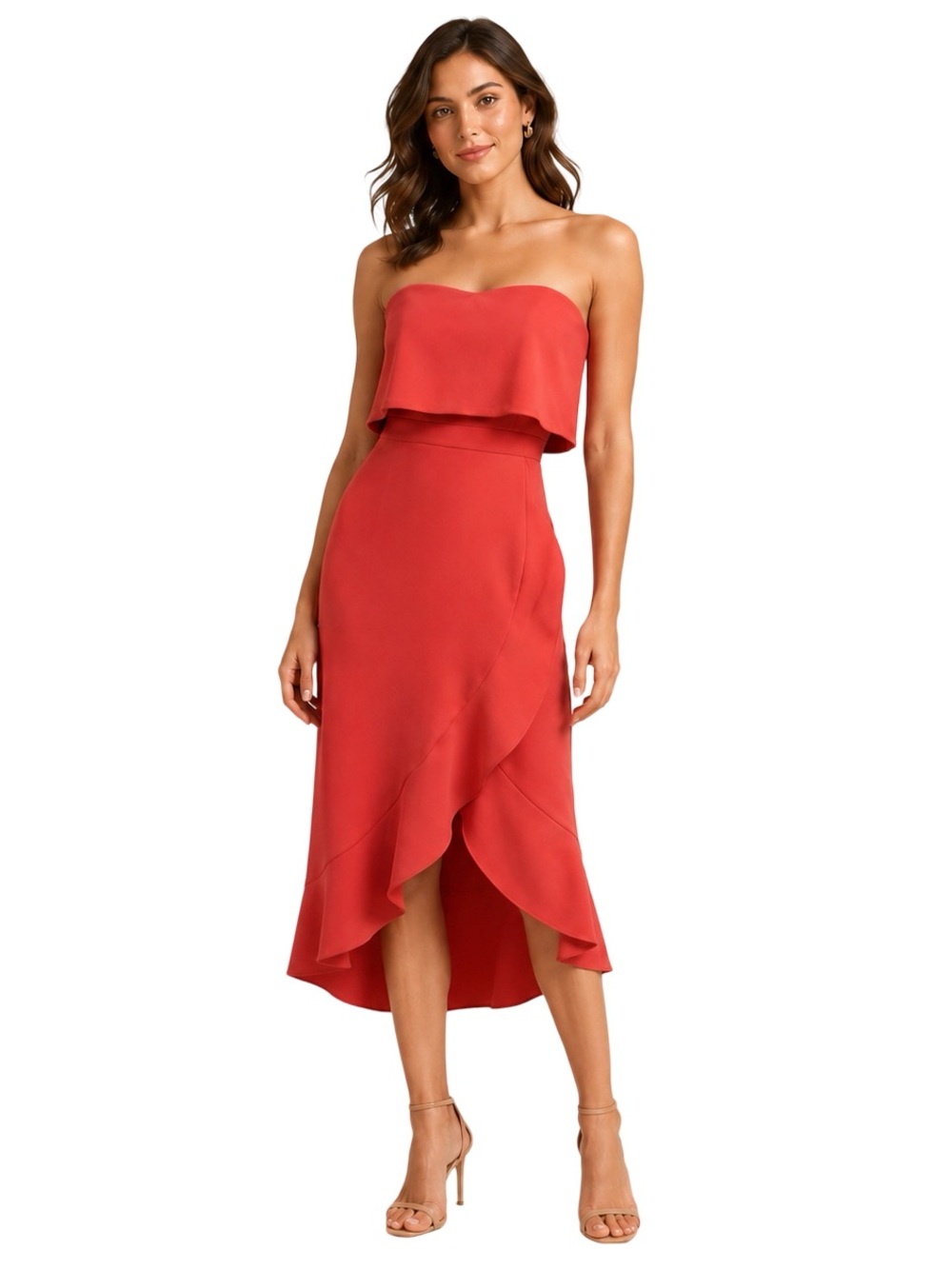 XSCAPE Denisse Coral Strapless Bustier Ruffle High-Low Midi Dress Size 4